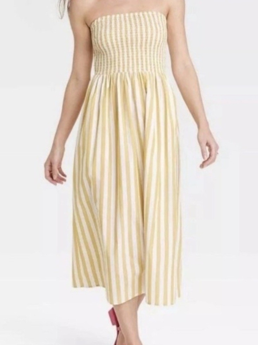 a new day Smocked Yellow and White Striped  Midi Dress 100% Cotton.